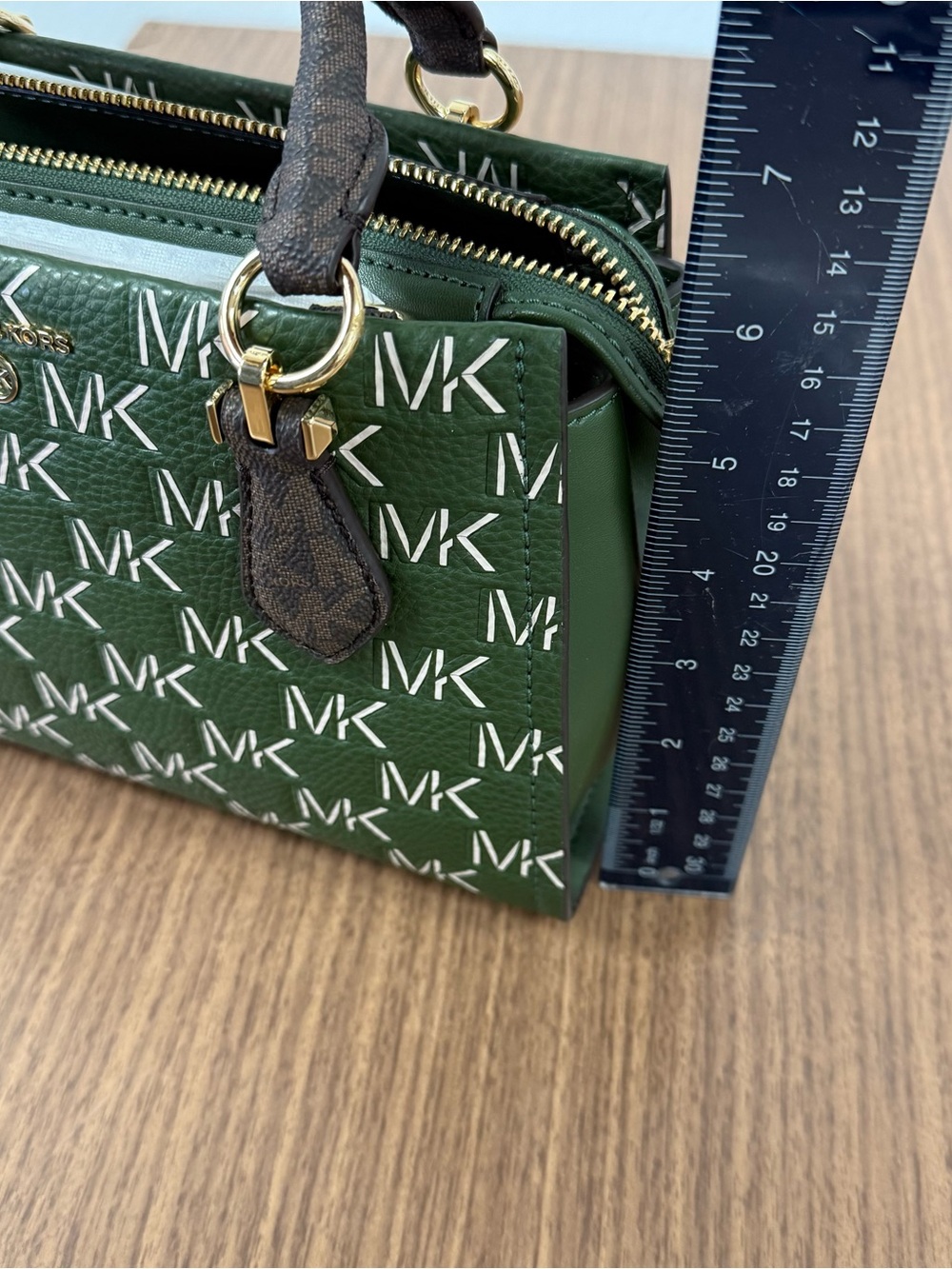 Michael Kors Olive Green MK Logo Satchel with Brown Handles - Picture 5 of 9